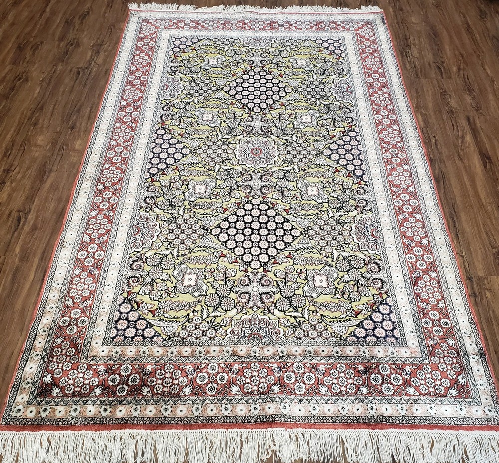 Vintage Silk Rug w/ Gold Threads 5x8 Kashmiri Silk Oriental Carpet Red & Black