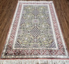 Vintage Silk Rug w/ Gold Threads 5×8 Kashmiri Silk Oriental Carpet Red & Black