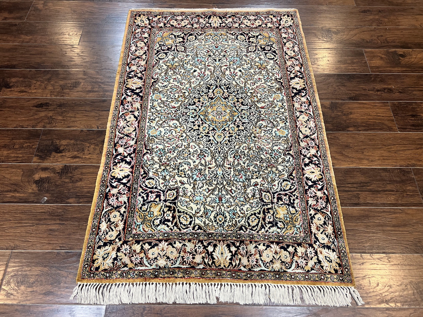Silk Oriental Rug 4x5 Handmade Vintage Carpet Cream Navy Blue Very Fine 360 KPSI gallery