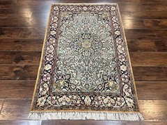 Silk Oriental Rug 4×5 Handmade Vintage Carpet Cream Navy Blue Very Fine 360 KPSI