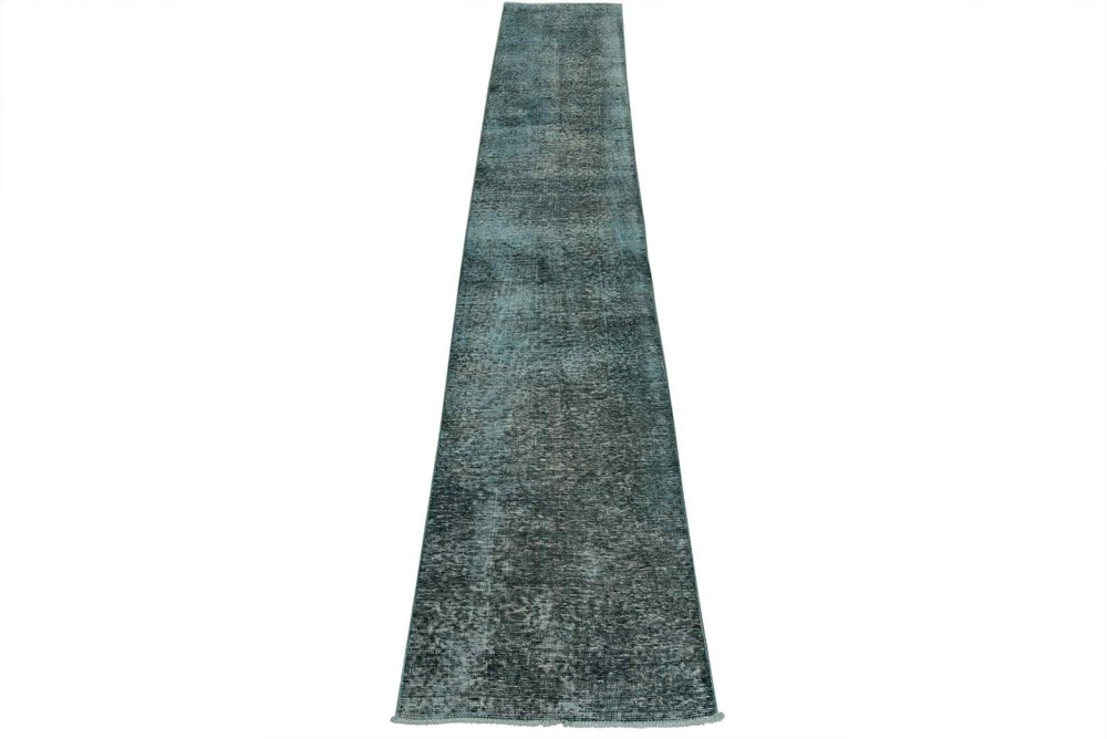 Vintage Overdyed Runner 2’3” x 11’8” Blue Wool Hand-Knotted Carpet