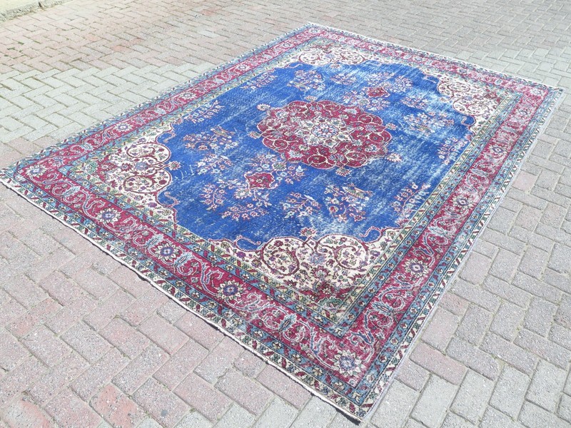 Vintage Oushak Carpet, Distressed Floor Rug Handmade Large Blue Teppich 91"X122" gallery
