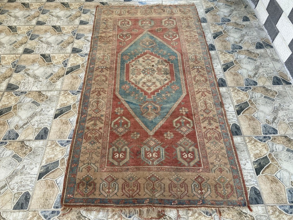 1970s Geometric Turkish Vintage Area, Tribal Handmade Anatolian Rug 3.3x7.5 ft