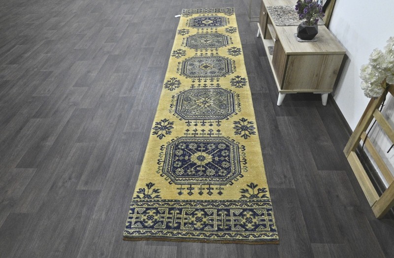 Vintage Turkish Runner Rug 3x12ft YELLOW Handmade Anatolian Oushak Hallway Wool gallery