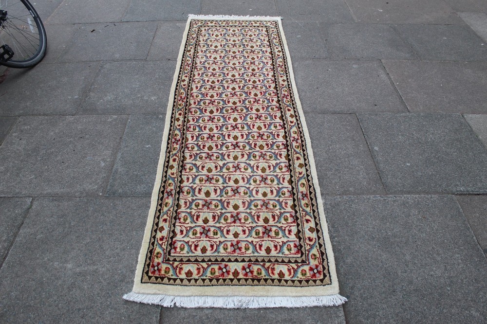 Vintage Hand Made Traditional Oriental Wool White Red Long Runner 228x71cm