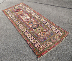 EARLY CIRCA 1880 ANTIQUE CAUCASIAN TRIBAL RUG W/ NATURAL DYES & WIDE BORDER
