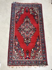 C.1950 Middle Eastern Accent Rug w/ Floral Medallion 48″x26″ Hand Knotted Wool