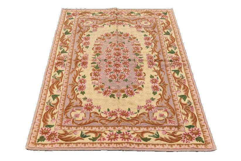 Victorian Floral Oval Medallion Turkish 2' 11" x 4' 11" Yellow Hand Knotted Rug gallery