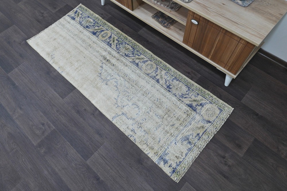 Vintage Turkish Runner Rug 2x5ft BEIGE Handmade Anatolian Oushak Hallway Wool