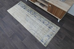 Vintage Turkish Runner Rug 2x5ft BEIGE Handmade Anatolian Oushak Hallway Wool