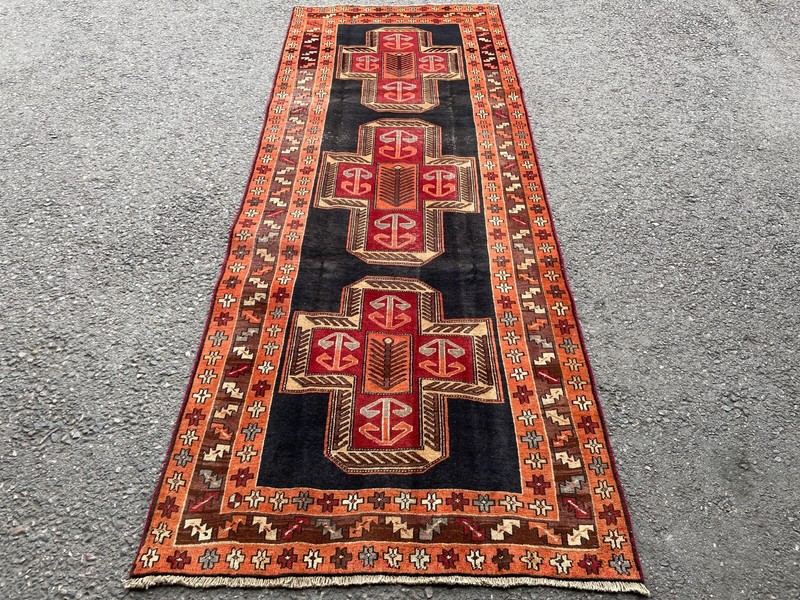 VINTAGE KAZAK RUNNER, HAND MADE HALLWAY OLD CAUCASIAN RUG CARPET 10'5" X 3'10" gallery