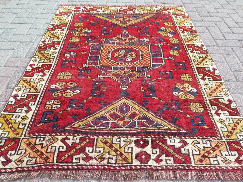 Oriental Antique Carpet, Red Wool Rugs, Handwoven Bedroom Floor Teppiche 50"x66" gallery