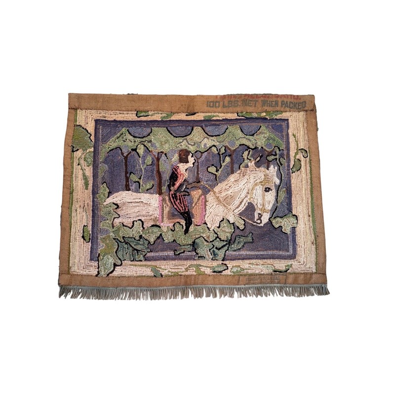Antique Hand Hooked Rug Equestrian Horse Rider Folk Art Burlap Feed Sack 35x27 gallery