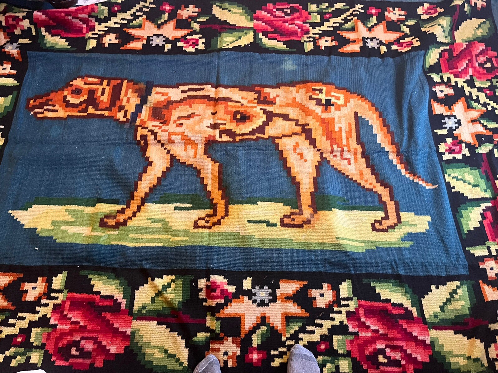 VERY UNIQUE VINTAGE HANDMADE WOVEN RUG, RARE DOG PATTERN gallery