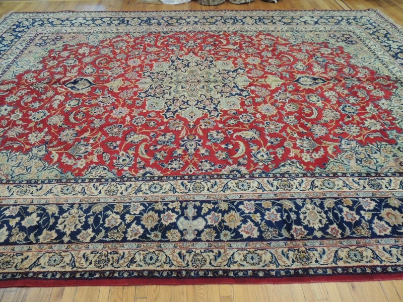 12x15 Semi-Antique Kashaan Oriental Area Rug Red Blue Navy Green wool knotted gallery