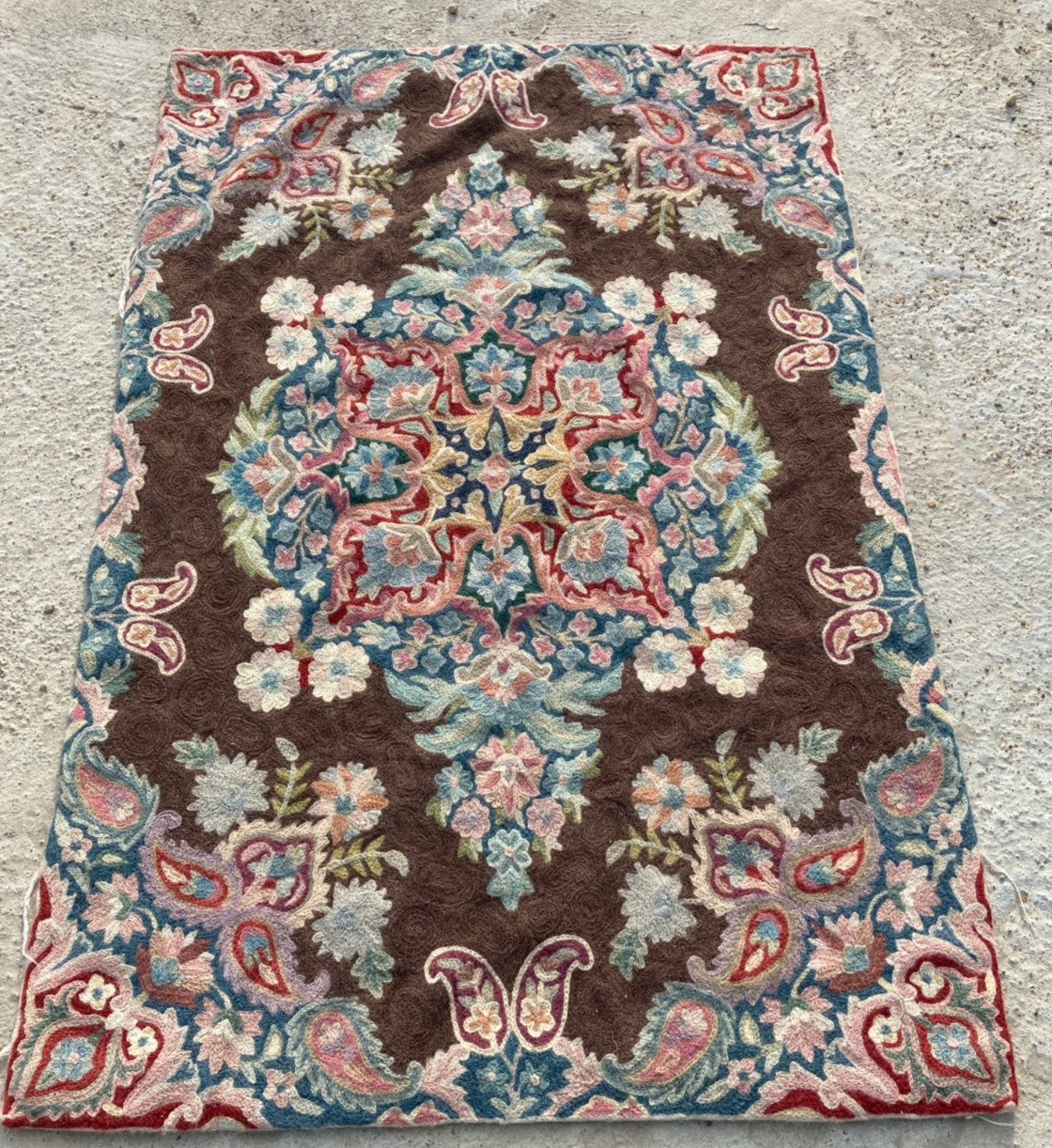 Vintage Handmade Kashmir Crewel Floral Paisley Wool Embroidered Rug 89x59 cm gallery