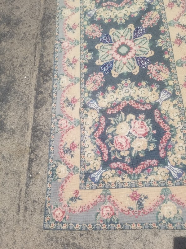Vintage French Floral Needlepoint Handmade Multicolor Rug Wool Carpet 237x72 cm gallery