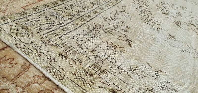 Rare Antique 1930-1939s Wool Pile Sage Green Dye Distressed Oushak Rug 6x8ft gallery