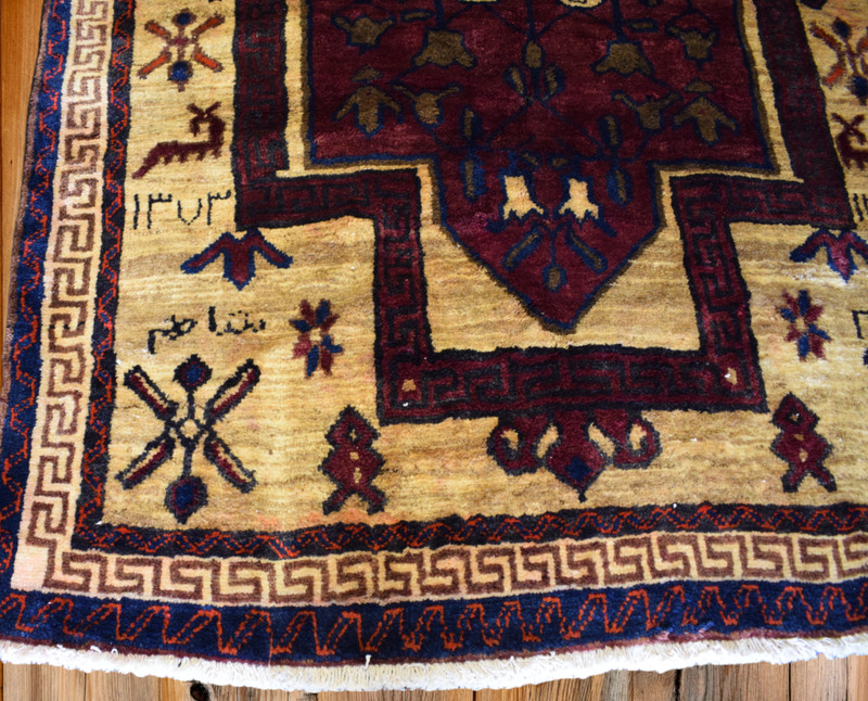 Rug. Handmade Wool Area Rug 5 x 7'5 Vintage Signed Dated Geometric Animal Design gallery