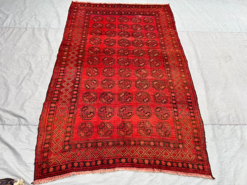 Red Vintage Turkoman Bokhara Elephant Foot Hand Knotted Wool Rug 5x8 Area Rug