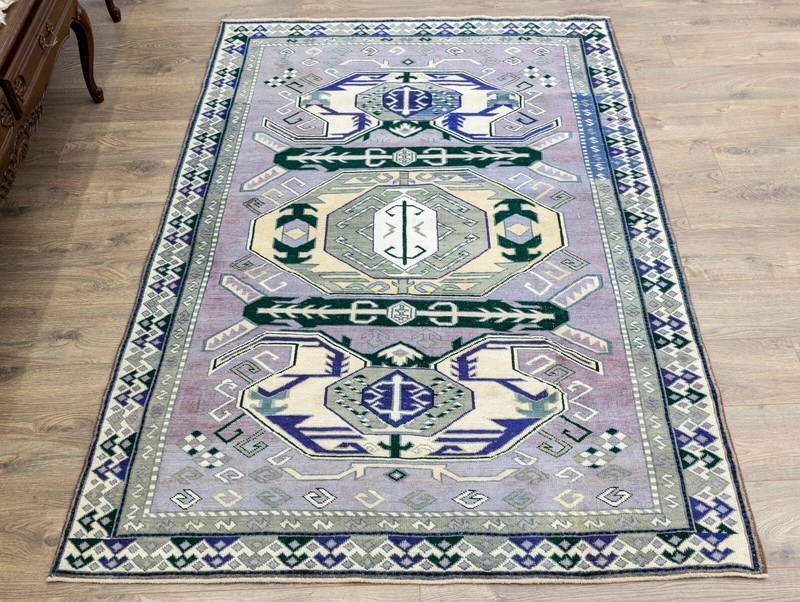 Purple Wool Tribal Oushak Rug 4'8x6'8 ft – Vintage Turkish Geometric Carpet gallery