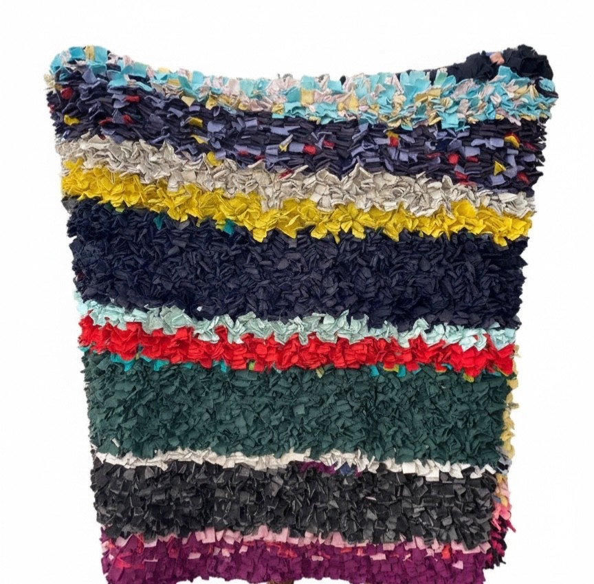 Handmade Boho Rag Rug Pillow Cover - Colorful Recycled Fabric - Unique Textured
