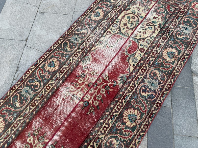 Vintage Red Turkish Runner Rug 2.8x9.7 Ft Handmade Wool Hallway Carpet Distresse gallery