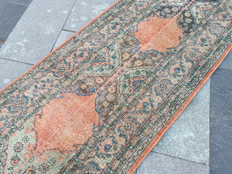 Vintage Turkish Oushak Runner Rug 2.4x13.6 Ft Hand-Knotted Muted Orange Gold gallery