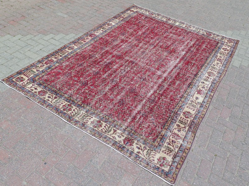 Vintage Turkish Handmade Wool Carpet Large Red Rug Distressed Kilim Rug 81"x115" gallery