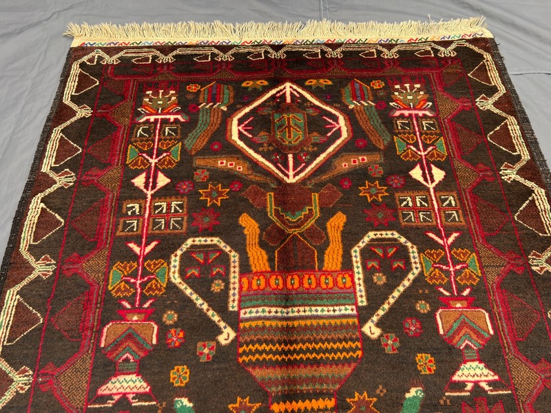 3'7x6'6 ft Vintage Afghan Baluchi Hand-Knotted Pictorial Dark Red Multicolor Rug gallery