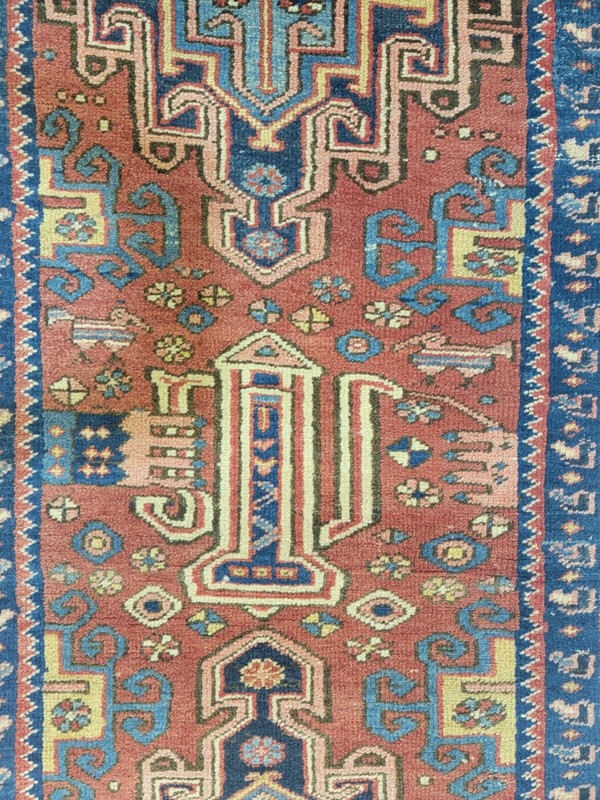 Antique Oriental Hand-Knotted Wool Runner Terracotta/Navy Blue/Beige 2'8" x 10'5 gallery