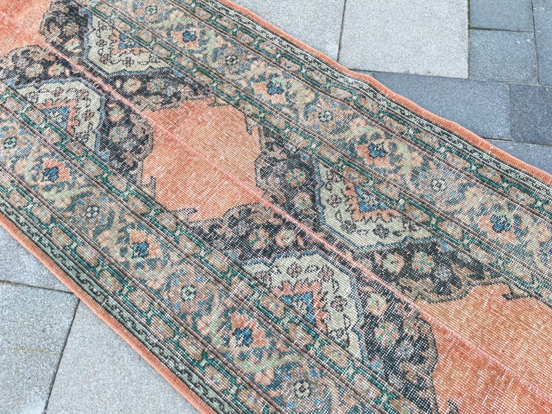 Vintage Turkish Oushak Runner Rug 2.4x13.6 Ft Hand-Knotted Muted Orange Gold gallery