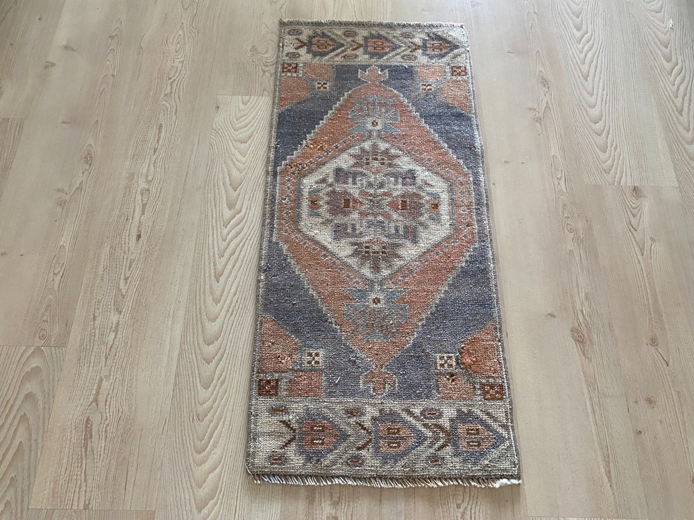 Vintage Anatolian Small Oriental Ethnic Rug 1.4x3.1 ft with Geometric Medallion