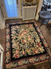 1920s American 7’7″ x 9’7″ Floral Needlepoint on Black Background Area Rug