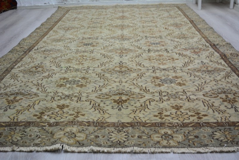 Antique Beige Geometric Handmade Rug, 6.2x10.9ft, Turkish Oriental Beige Rug, gallery