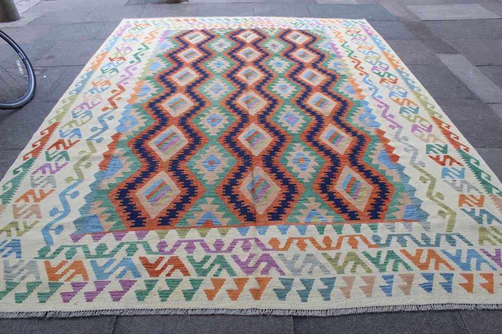 Kilim Vintage Traditional Hand Made Oriental White Wool Large Kilim 343x253cm