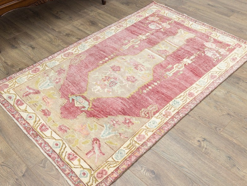 Vintage Boho Chic Turkish Tribal Wool Rug 4x6.2 ft Hand Knotted Oushak Carpet gallery