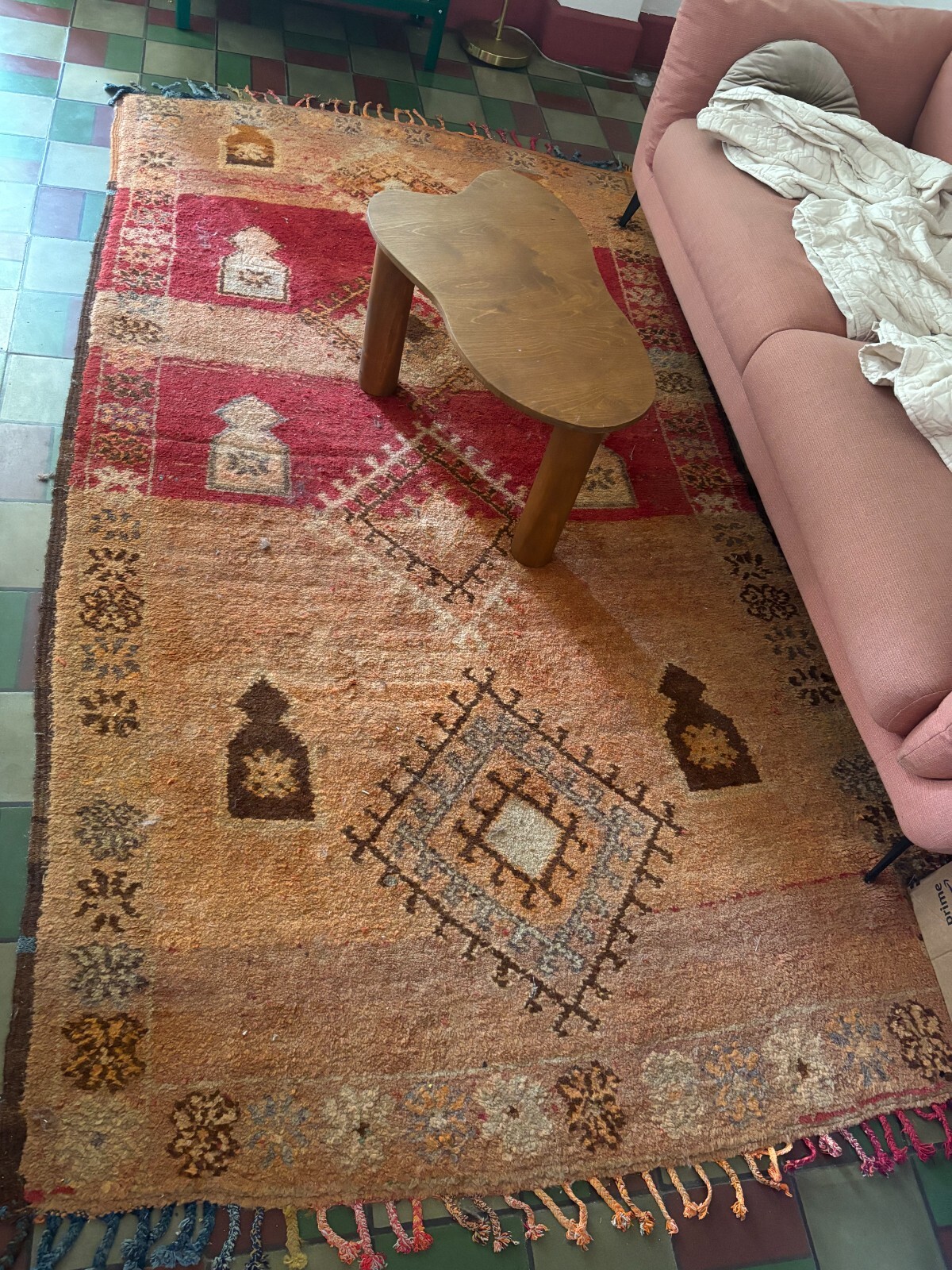 Vintage Handwoven Moroccan Area Rug, Orange, Tan, Blue and red, large, 9ftx 5ft gallery