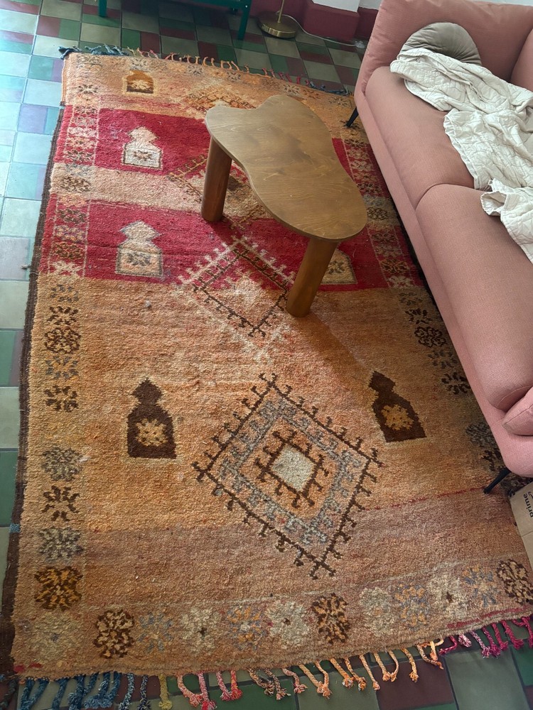 Vintage Handwoven Moroccan Area Rug, Orange, Tan, Blue and red, large, 9ftx 5ft