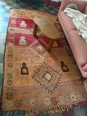 Vintage Handwoven Moroccan Area Rug, Orange, Tan, Blue and red, large, 9ftx 5ft