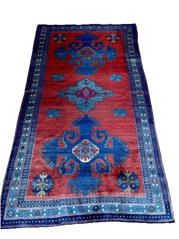 5 X 9 Antique Armenian Karabakh Rug C. 1900 May. Dyed Red Azure Blue Turquoise gallery