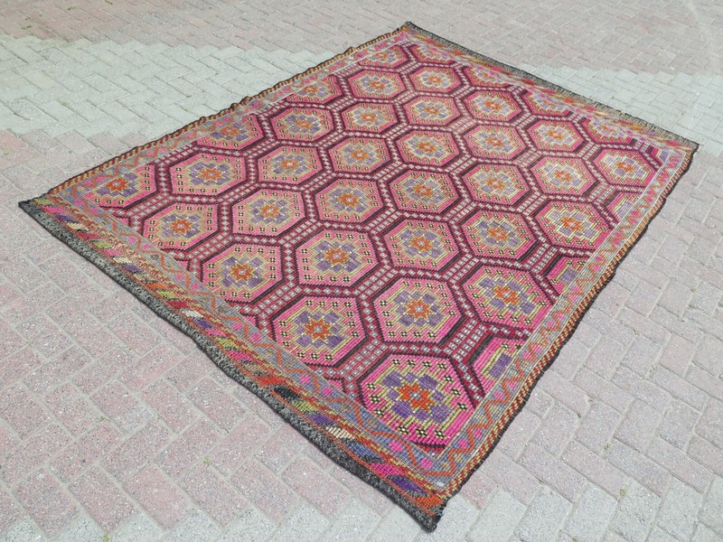 Area Rug, Boho Rug, Handmade Rug, Turkish Kilim, Embroidery Stars Rug 79"x112" gallery