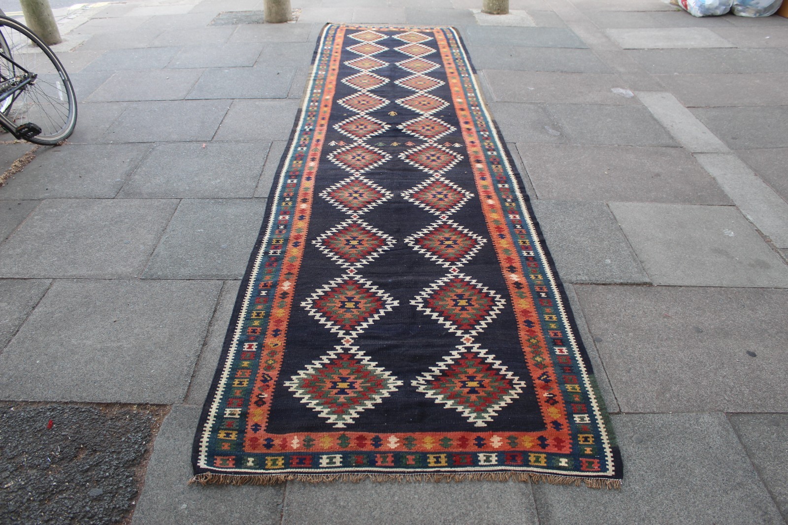 Vintage Traditional Hand Made Oriental Wool Black Long kilim Runner 433x110cm gallery