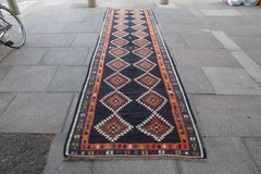 Vintage Traditional Hand Made Oriental Wool Black Long kilim Runner 433x110cm