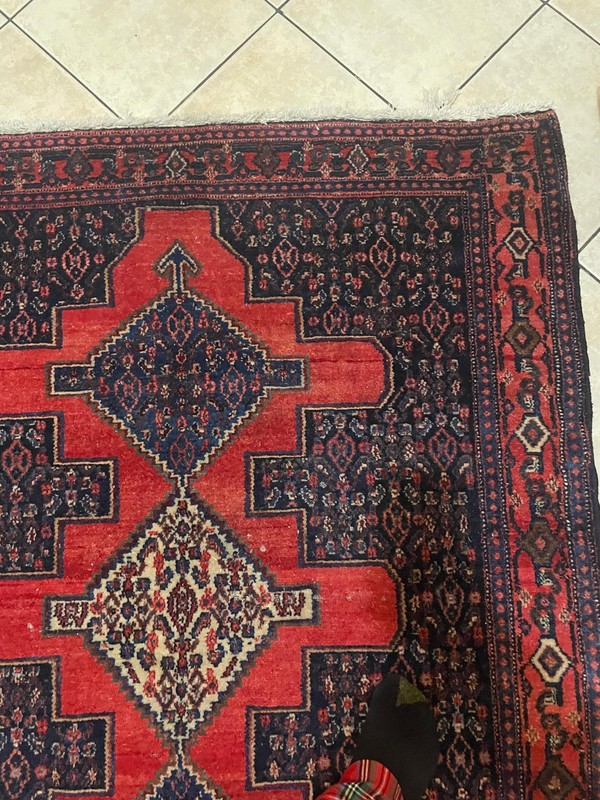 Antique Kurdish Senneh Rug 4x5 | Wool | Navy & Red Geometric | Circa 1920s–1940s gallery