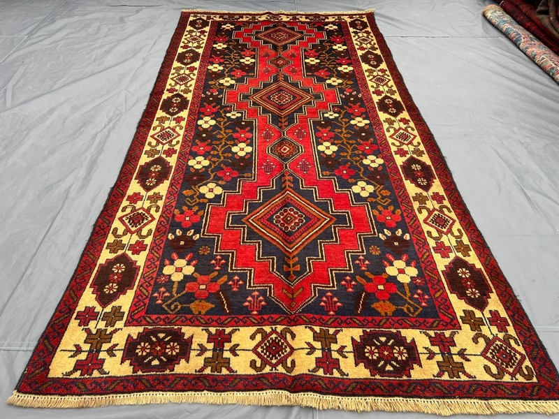 3'6x7'6 ft Vintage Afghan Baluchi Hand-Knotted Floral Geometric Red & Yellow Rug gallery
