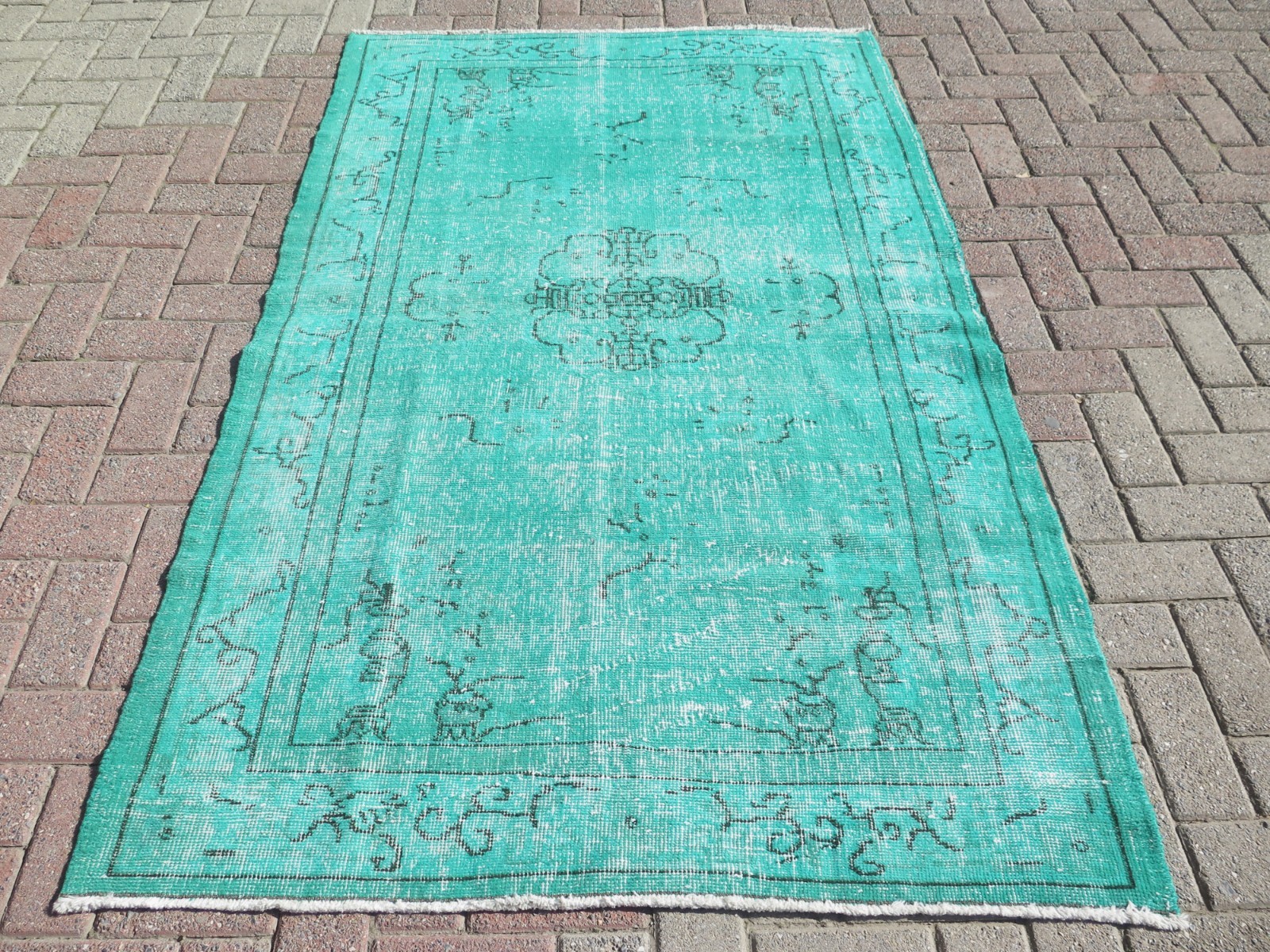 Turkish Turquoise Overdyed Rug, Vintage Wool Carpet, Handwoven Floor Rug 49"X79" gallery