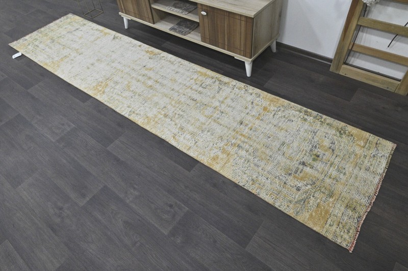 Vintage Turkish Runner Rug 2x10ft YELLOW Handmade Anatolian Oushak Hallway Wool gallery