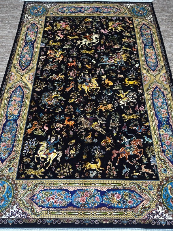 1.5x2.25m Pers,ian Q,u,m Shikargah Hunting Scene Rug Black Bamboo Silk Pictorial gallery