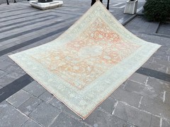 Oversized Oushak Rug 8.7×11.2 Vintage Peach Blue Distressed Wool